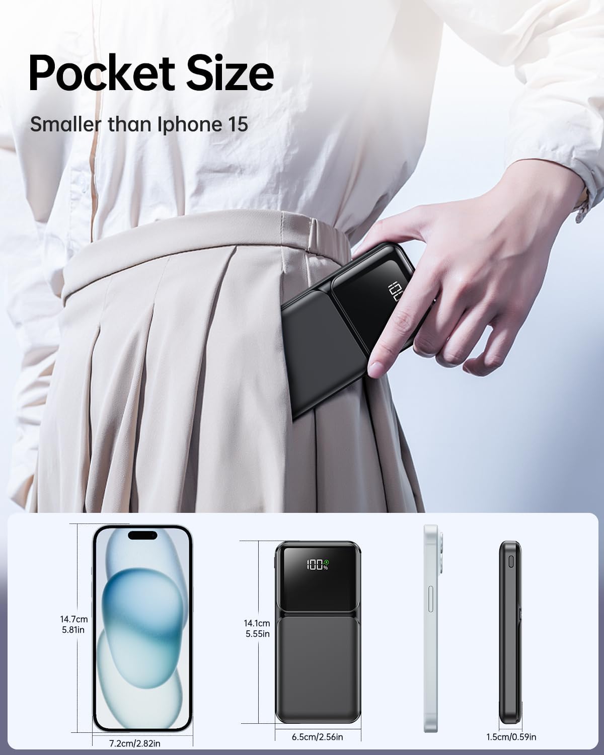 Portable Charger with Built in Cable - Power Bank Fast Charging USB C LED Display 10000mah Battery Pack 5 Outputs & 3 Inputs