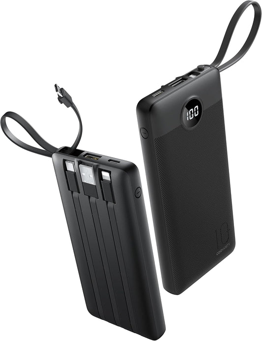 Portable Charger with Built in Cables, Slim 10000mAh Power Bank with USB C, External Battery Pack 5 Outputs 2 Inputs LED Display (Black)