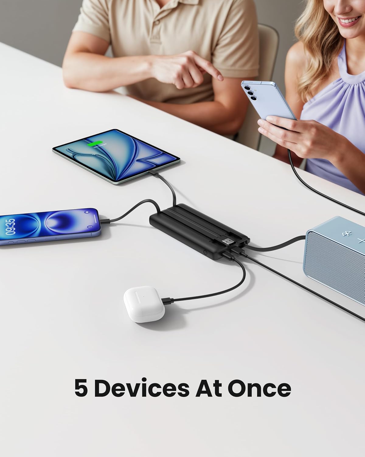 Portable Charger with Built in Cables, Slim 10000mAh Power Bank with USB C, External Battery Pack 5 Outputs 2 Inputs LED Display (Black)