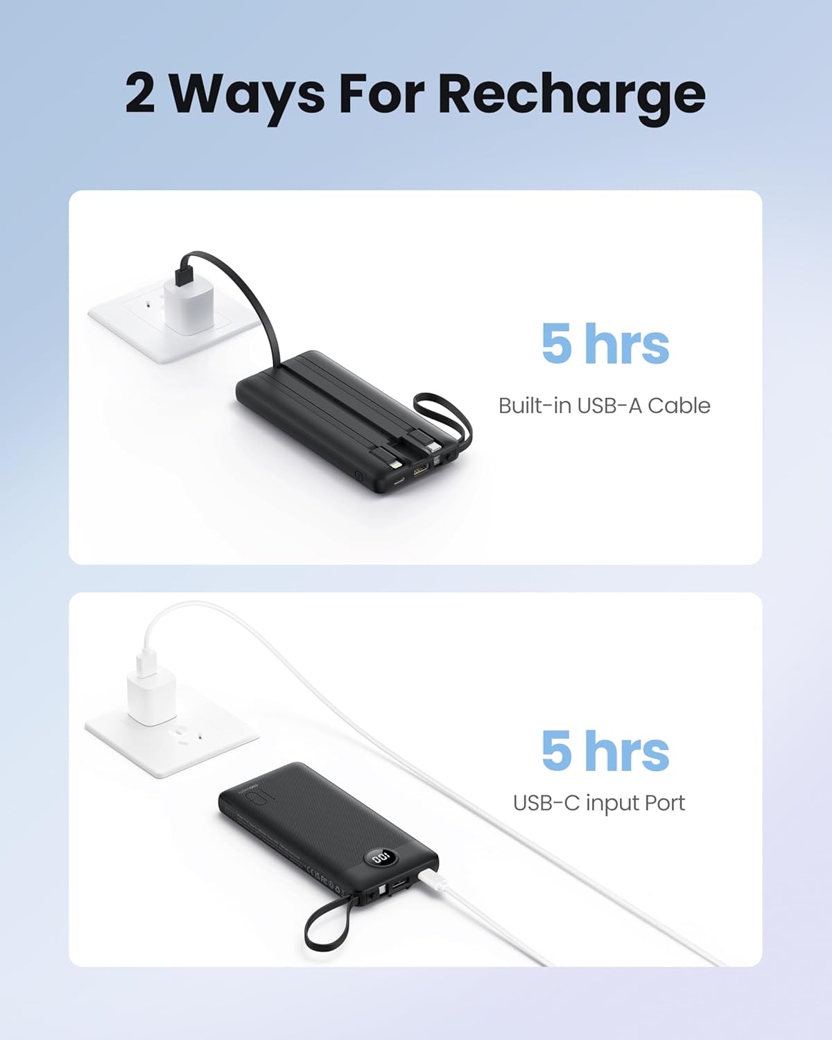 Portable Charger with Built in Cables, Slim 10000mAh Power Bank with USB C, External Battery Pack 5 Outputs 2 Inputs LED Display (Black)