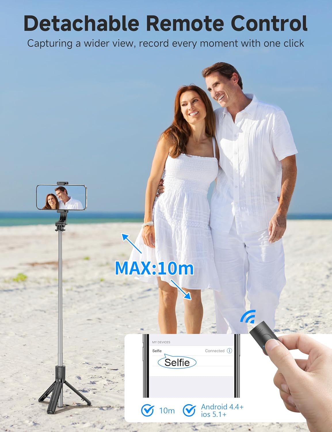 Portable Selfie Stick, 4 in 1 Extendable Phone Tripod Stand with Detachable Wireless Remote & Phone Holder 360° Rotating Mini Travel Tripod