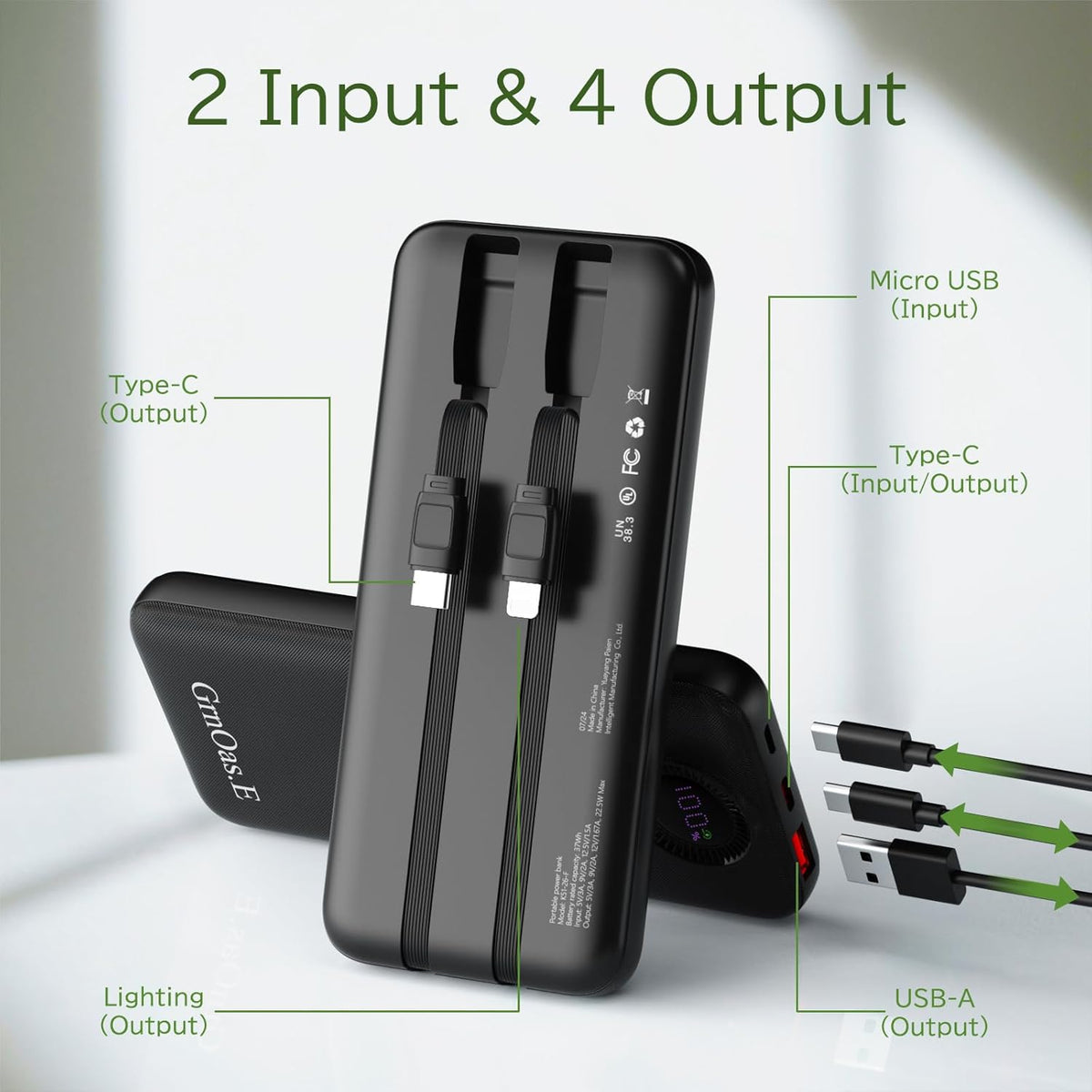 Power Bank, 10000mAh 22.5W Max Portable Charger Built in Cables, 4 Outputs 2 Inputs External Phone Powerbank (Pearl Black)