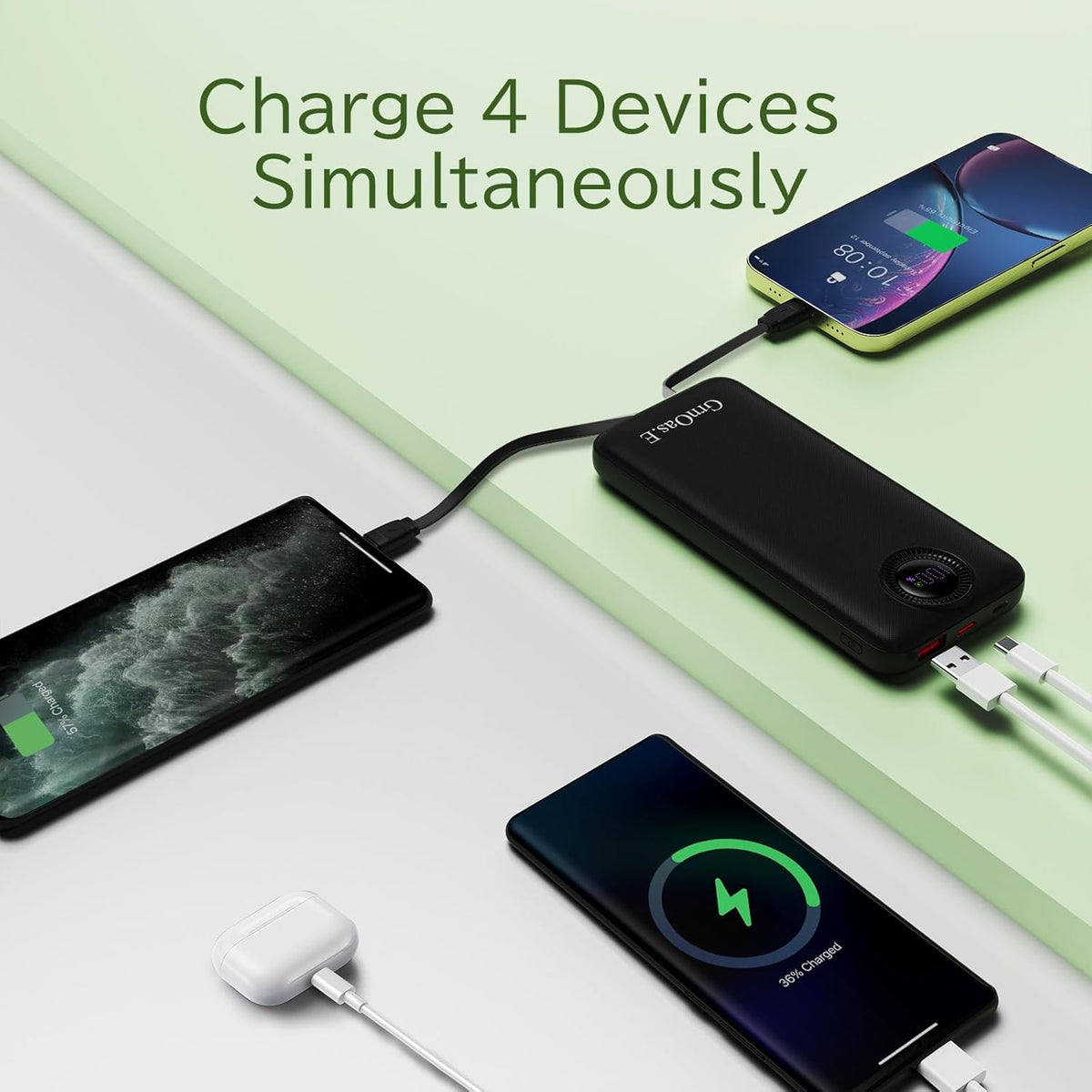 Power Bank, 10000mAh 22.5W Max Portable Charger Built in Cables, 4 Outputs 2 Inputs External Phone Powerbank (Pearl Black)