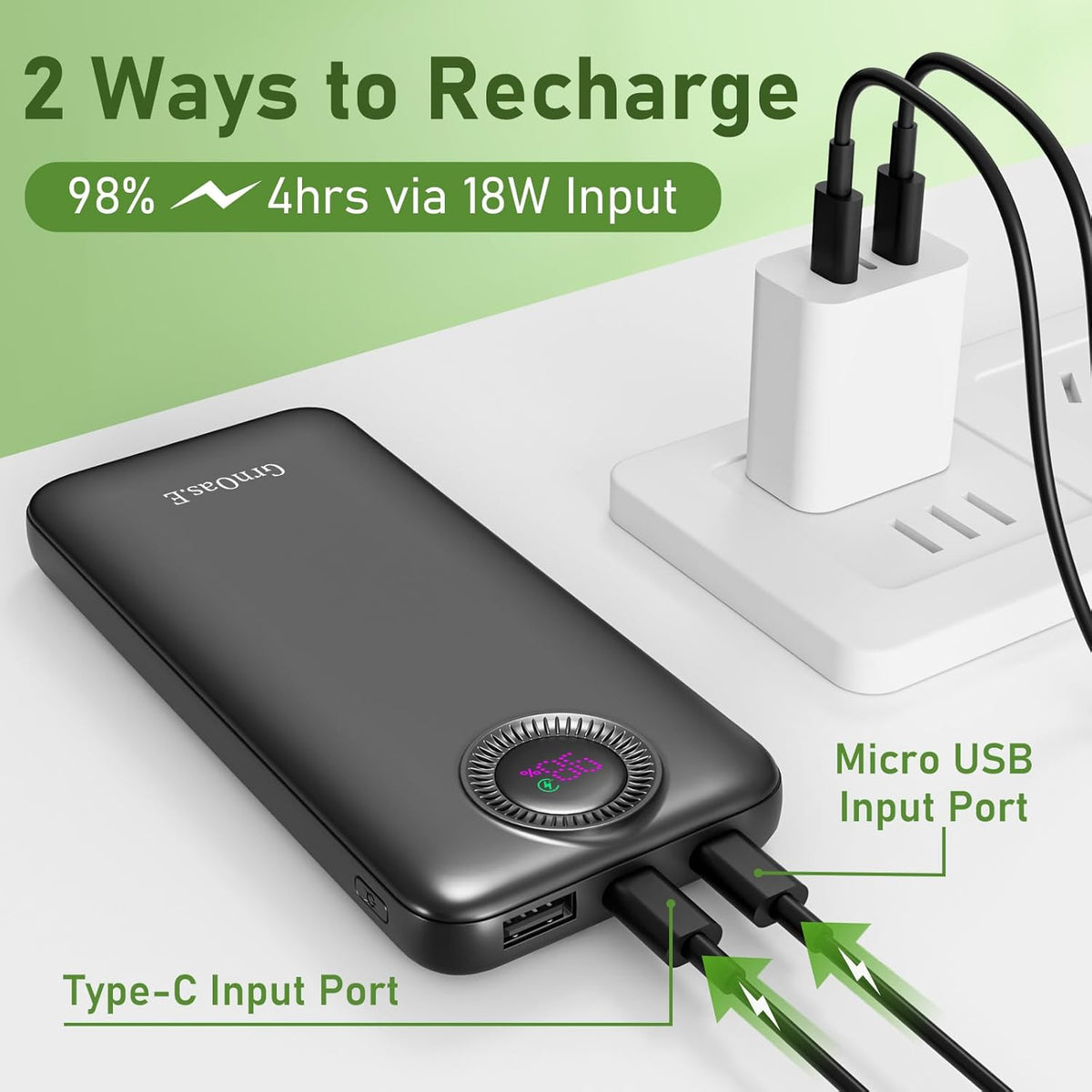 Power Bank, 10000mAh 22.5W Max Portable Charger Built in Cables, 4 Outputs 2 Inputs External Phone Powerbank (Pearl Black)