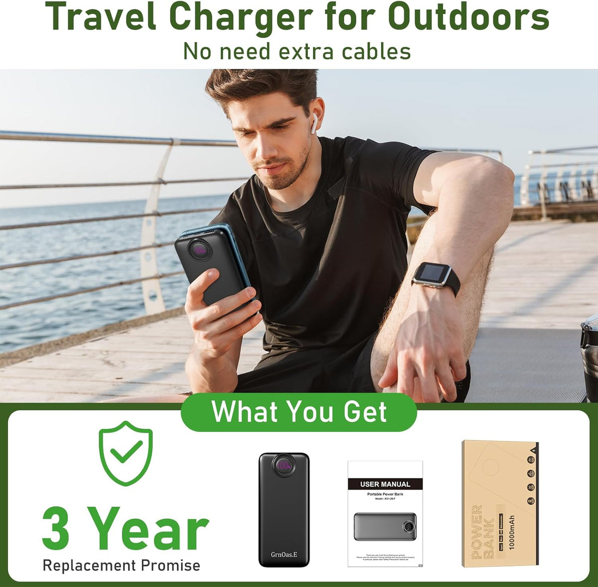 Power Bank, 10000mAh 22.5W Max Portable Charger Built in Cables, 4 Outputs 2 Inputs External Phone Powerbank (Pearl Black)