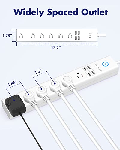 Power Strip 10Ft - Surge Protector with USB, AUOPLUS 6 Outlet and 4 USB Charger, 10Ft Long Extension Cord Flat Plug(1250W/10A/2100J)