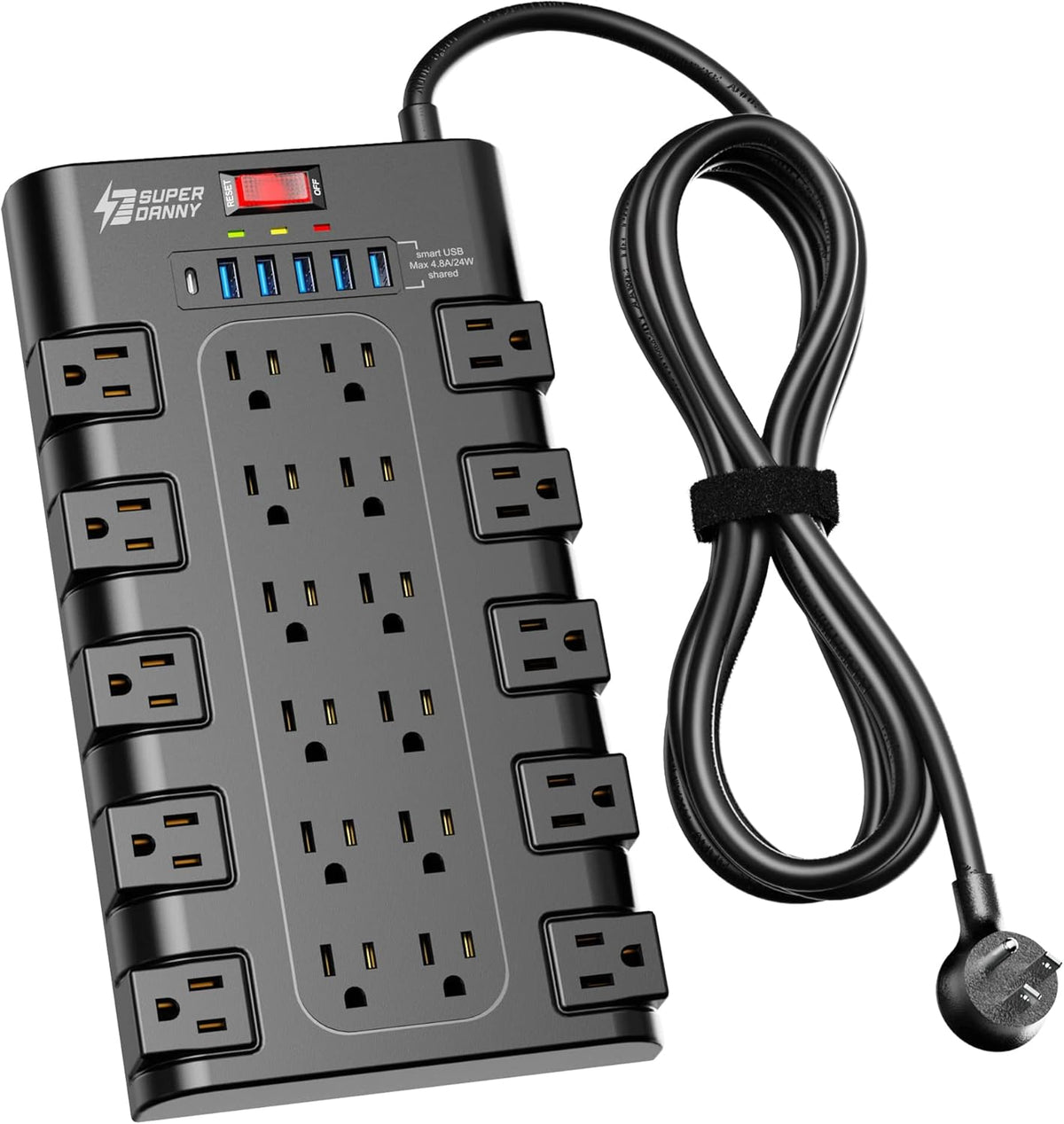 Power Strip, SUPERDANNY Surge Protector with 22 AC Outlets and 6 USB Charging Ports, 1875W/15A, 2100 Joules (Black)