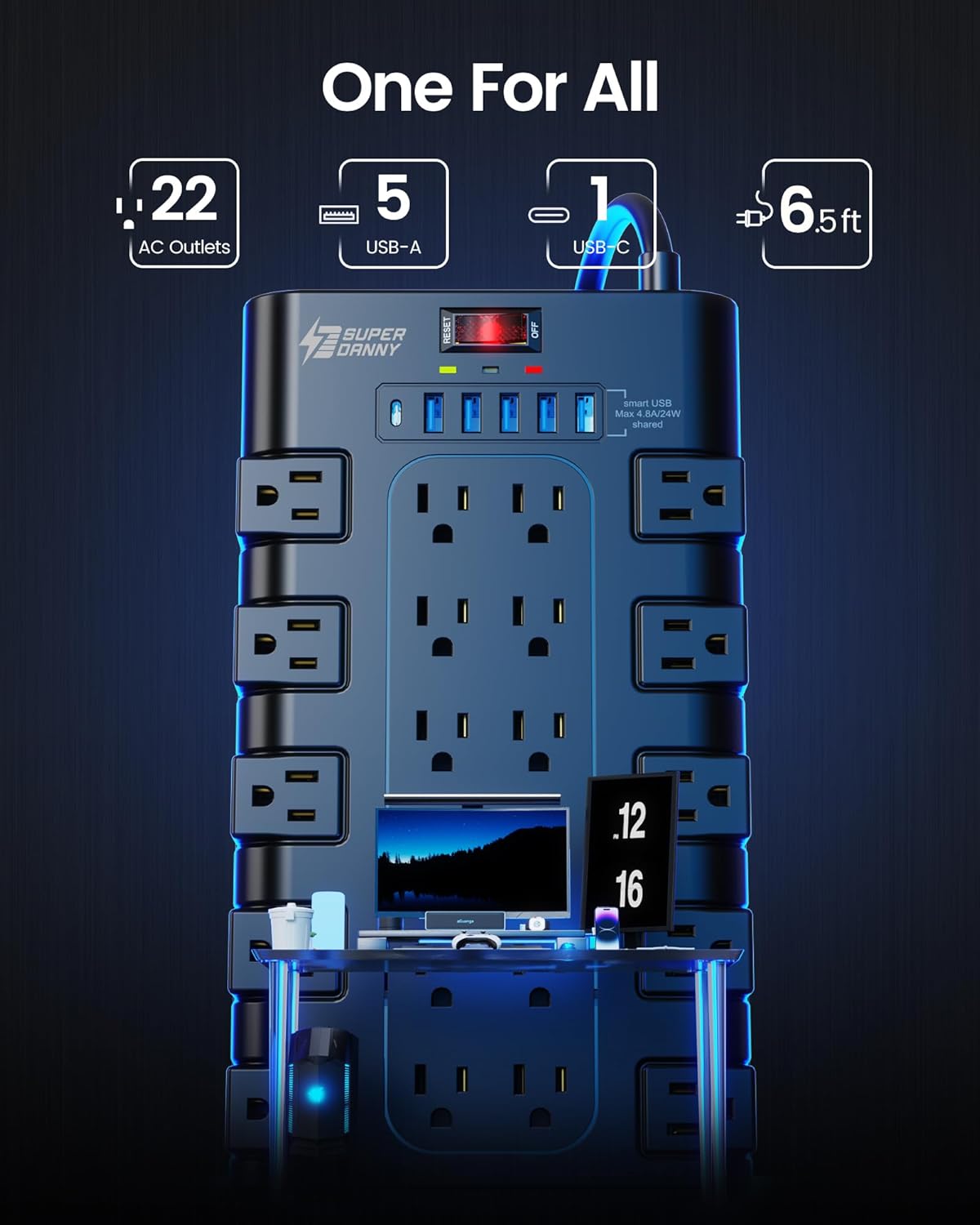 Power Strip, SUPERDANNY Surge Protector with 22 AC Outlets and 6 USB Charging Ports, 1875W/15A, 2100 Joules (Black)