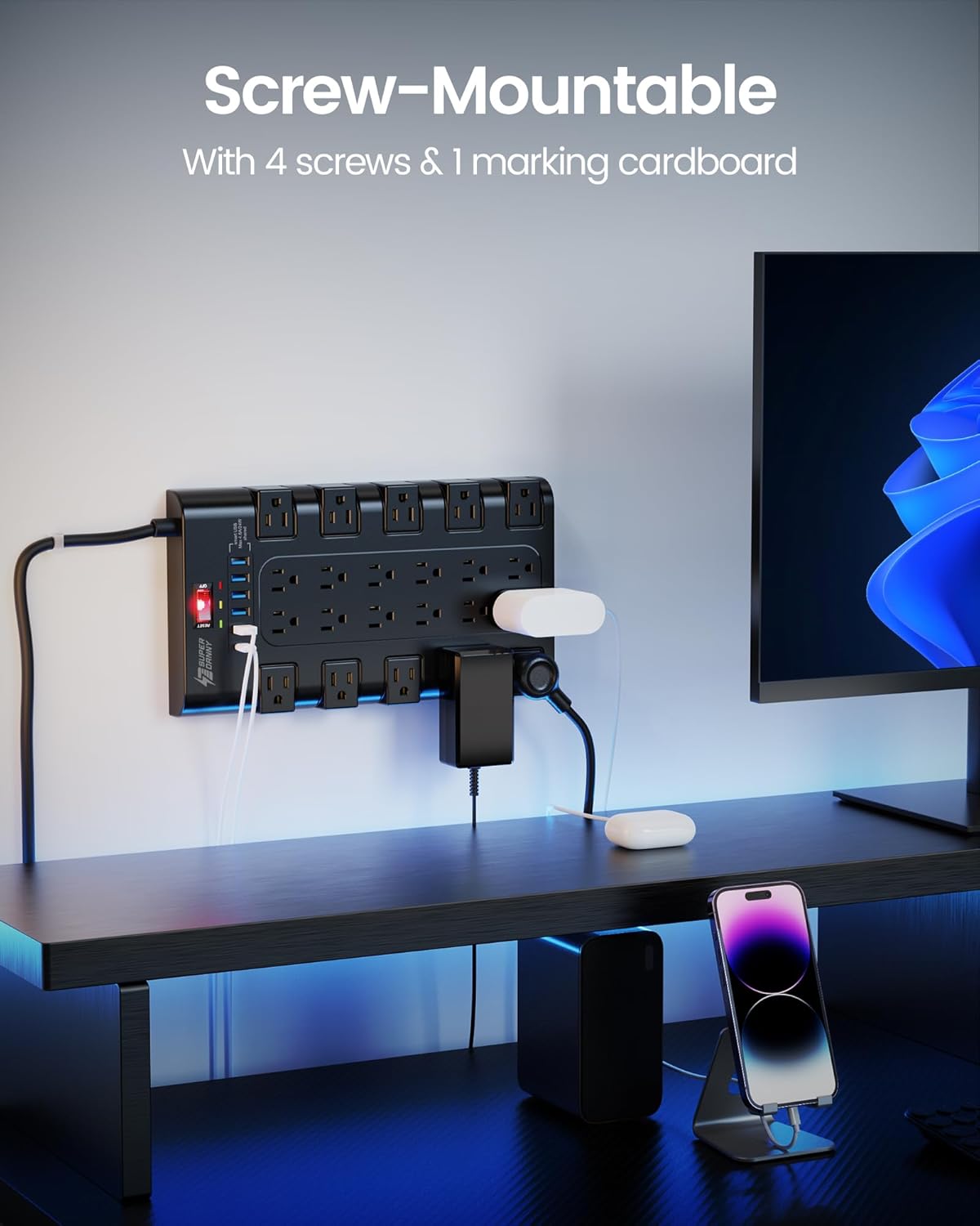 Power Strip, SUPERDANNY Surge Protector with 22 AC Outlets and 6 USB Charging Ports, 1875W/15A, 2100 Joules (Black)