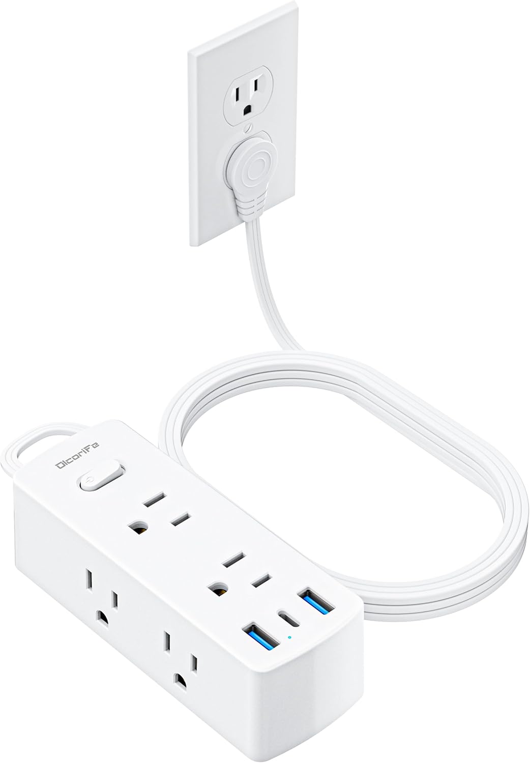 Power Strip Surge Protector, Olcorife Ultra Thin Flat Plug Extension Cord 5ft, 6 Outlets 3 USB Ports(1 USB C), 3 Sided Outlet Extender (White)