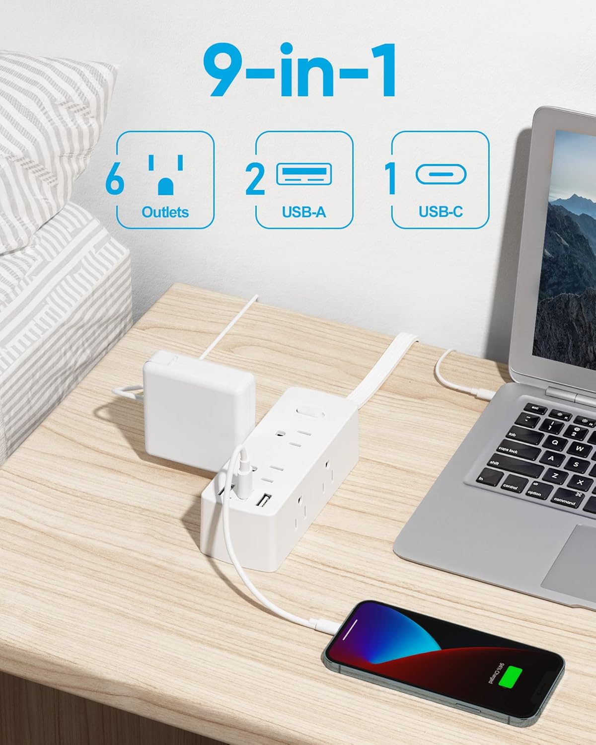 Power Strip Surge Protector, Olcorife Ultra Thin Flat Plug Extension Cord 5ft, 6 Outlets 3 USB Ports(1 USB C), 3 Sided Outlet Extender (White)