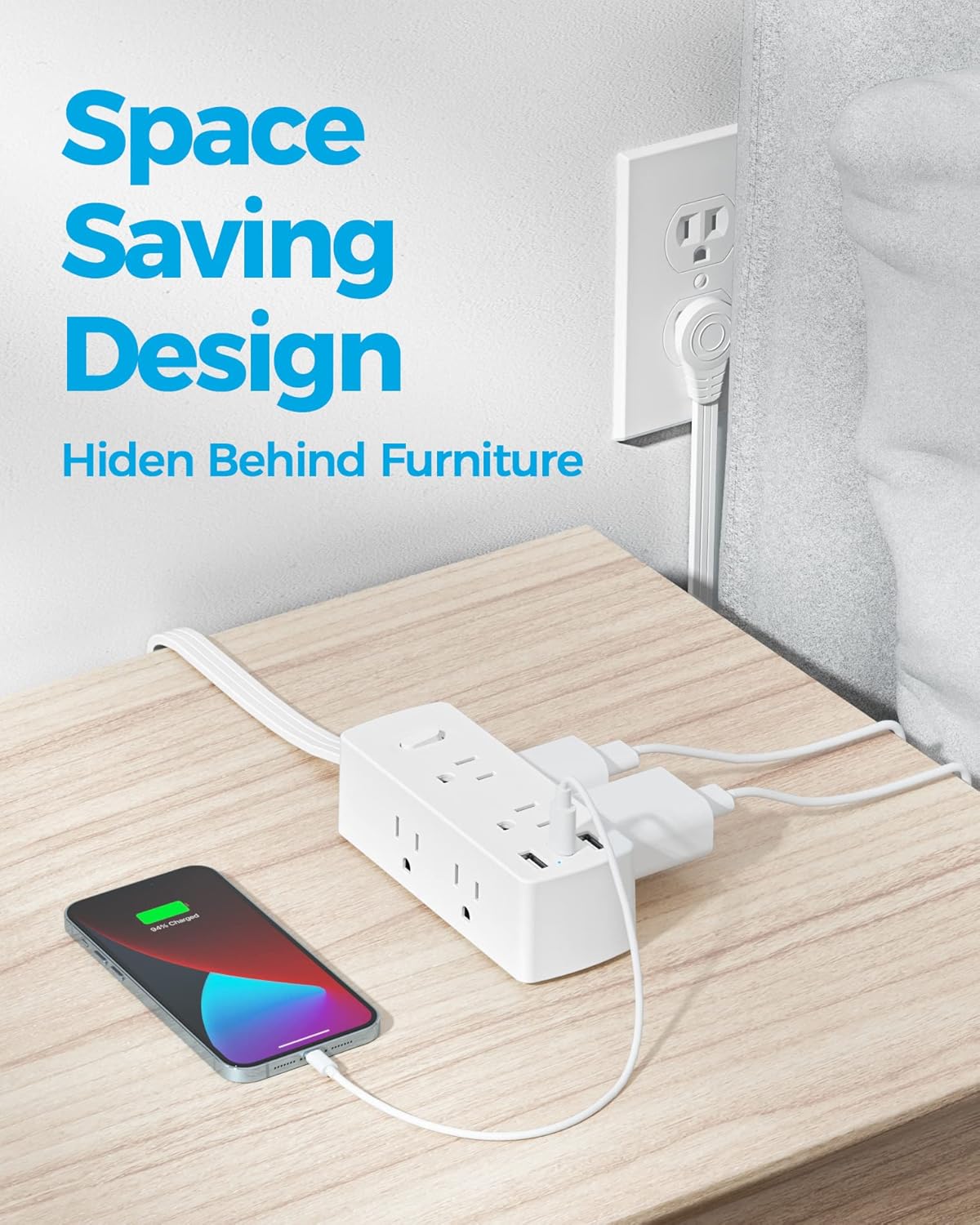 Power Strip Surge Protector, Olcorife Ultra Thin Flat Plug Extension Cord 5ft, 6 Outlets 3 USB Ports(1 USB C), 3 Sided Outlet Extender (White)