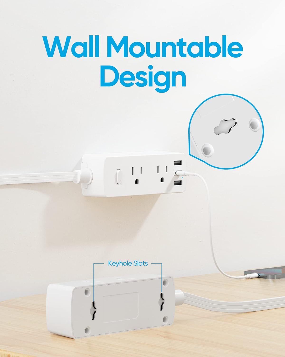 Power Strip Surge Protector, Olcorife Ultra Thin Flat Plug Extension Cord 5ft, 6 Outlets 3 USB Ports(1 USB C), 3 Sided Outlet Extender (White)