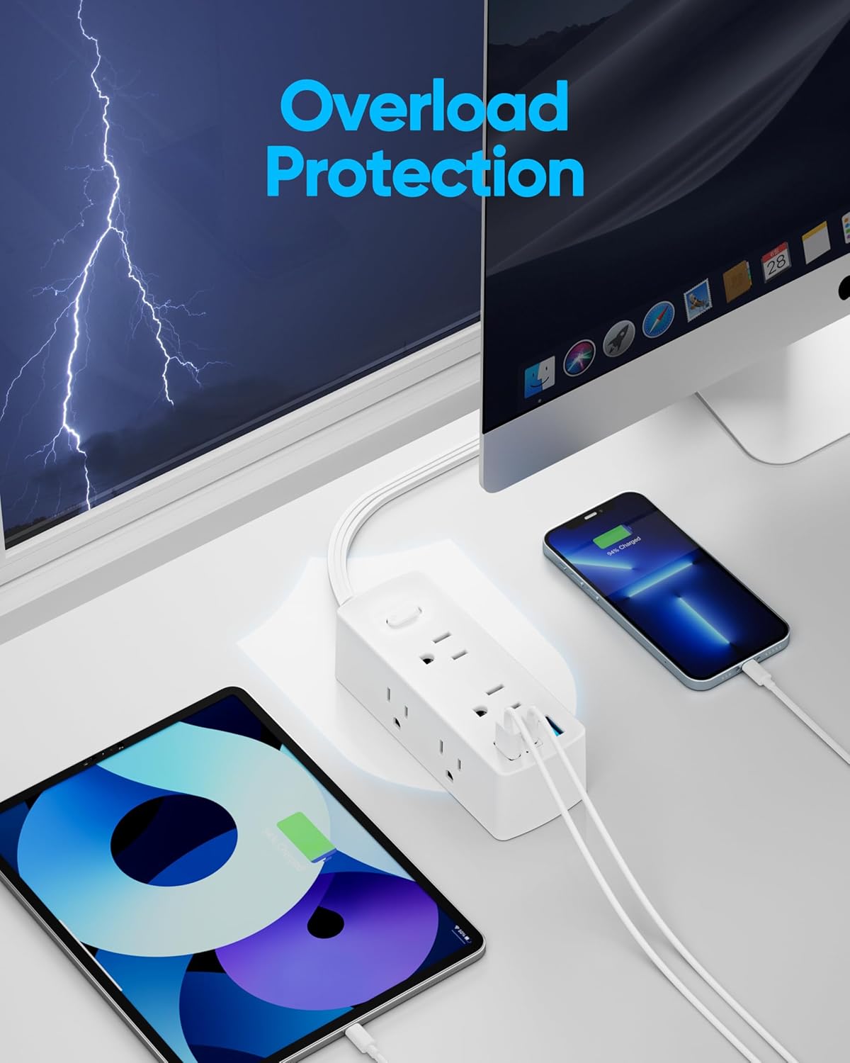 Power Strip Surge Protector, Olcorife Ultra Thin Flat Plug Extension Cord 5ft, 6 Outlets 3 USB Ports(1 USB C), 3 Sided Outlet Extender (White)