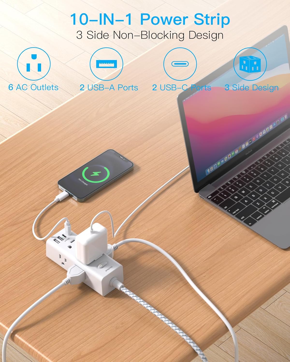 Power Strip Surge Protector - One Beat 6 Widely Outlets with 4 USB Ports (2 USB C), 5 Ft Extension Cord Flat Plug