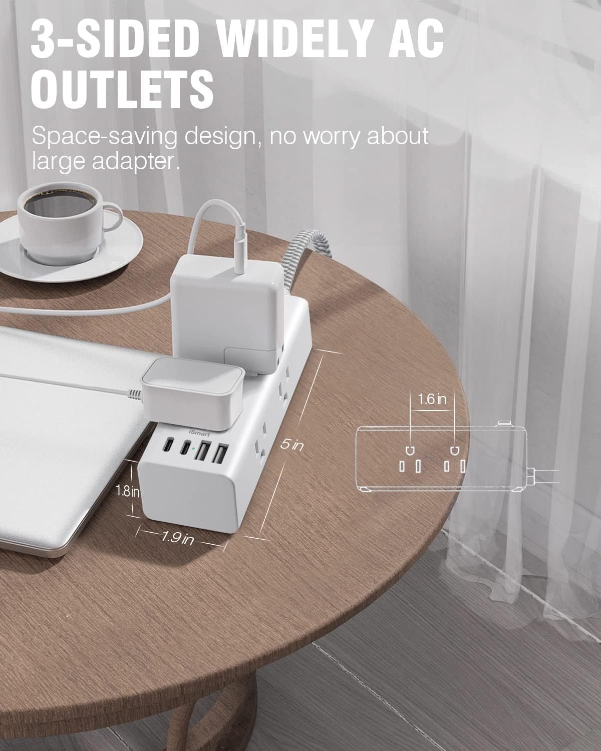 Power Strip Surge Protector - One Beat 6 Widely Outlets with 4 USB Ports (2 USB C), 5 Ft Extension Cord Flat Plug