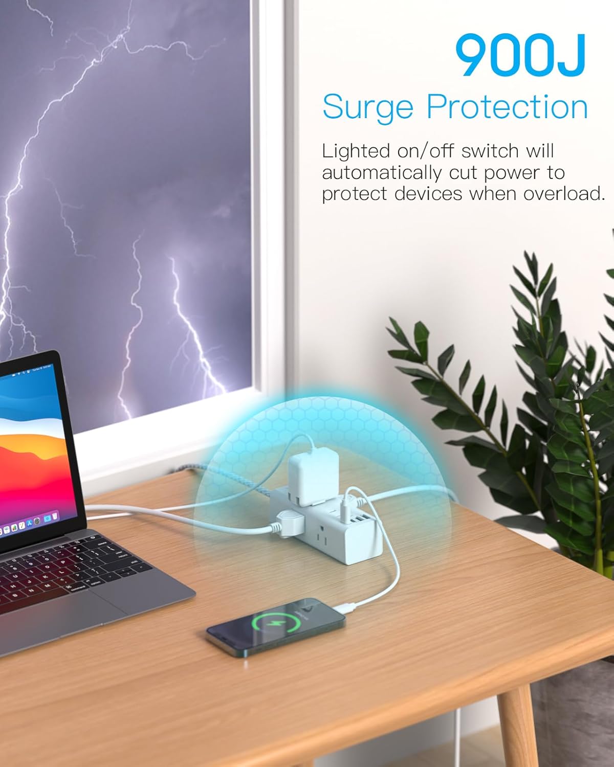 Power Strip Surge Protector - One Beat 6 Widely Outlets with 4 USB Ports (2 USB C), 5 Ft Extension Cord Flat Plug