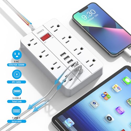 Power Strip with USB, Surge Protector Flat Plug with 8 Widely Spaced Outlets and 6 USB Ports(1 USB C)
