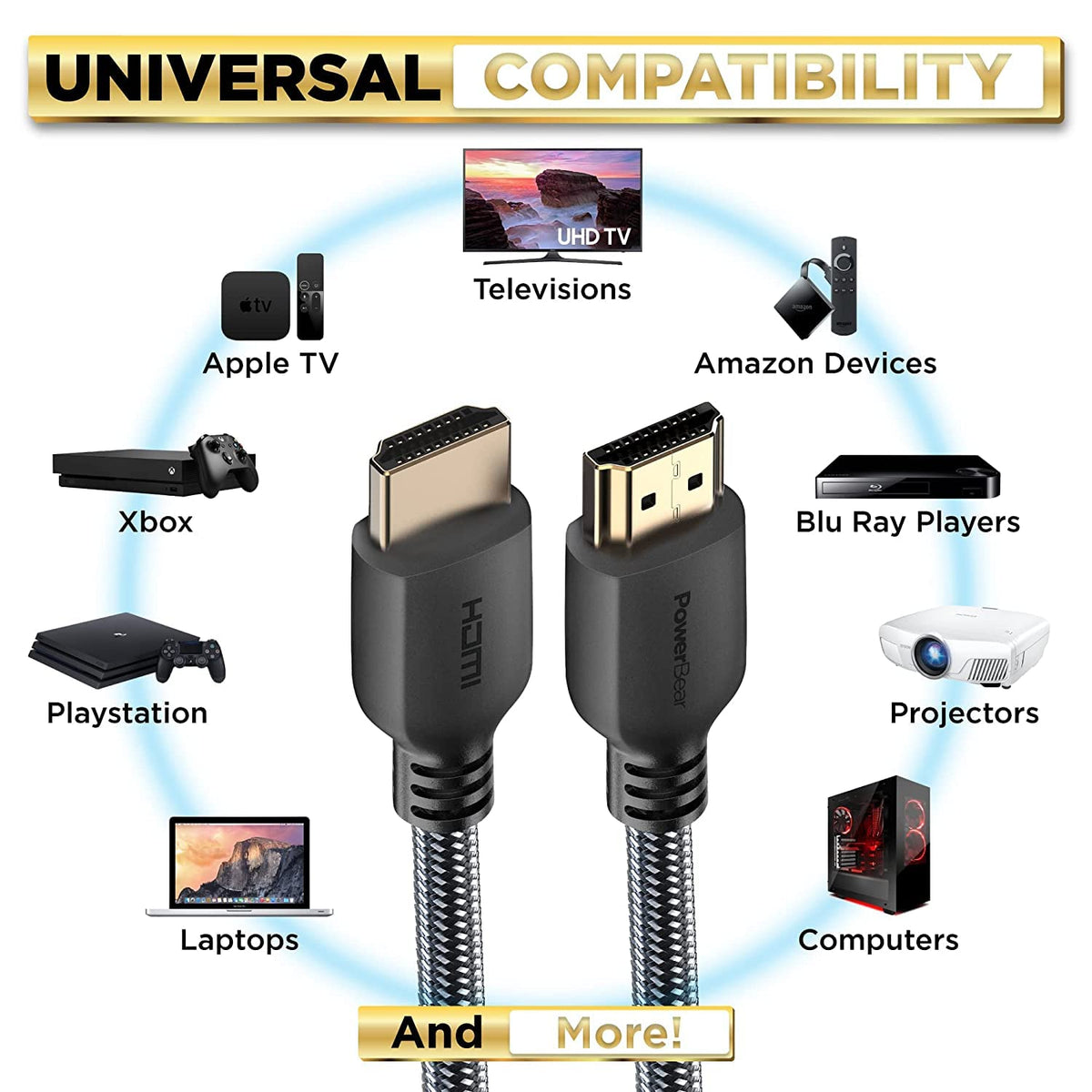 PowerBear 4K HDMI Cable 10 ft - High Speed Hdmi Cables, Braided Nylon & Gold Connectors, 4K @ 60Hz, Ultra HD, 2K, 1080P, ARC & CL3 Rated - for Laptop