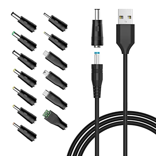 Powseed 5V Universal DC Power Cable, USB to DC Charging Cord with 13pcs Adapter Plugs for Webcam Router, Recorder, Bluetooth Speaker, Scanner, DVR