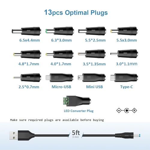 Powseed 5V Universal DC Power Cable, USB to DC Charging Cord with 13pcs Adapter Plugs for Webcam Router, Recorder, Bluetooth Speaker, Scanner, DVR