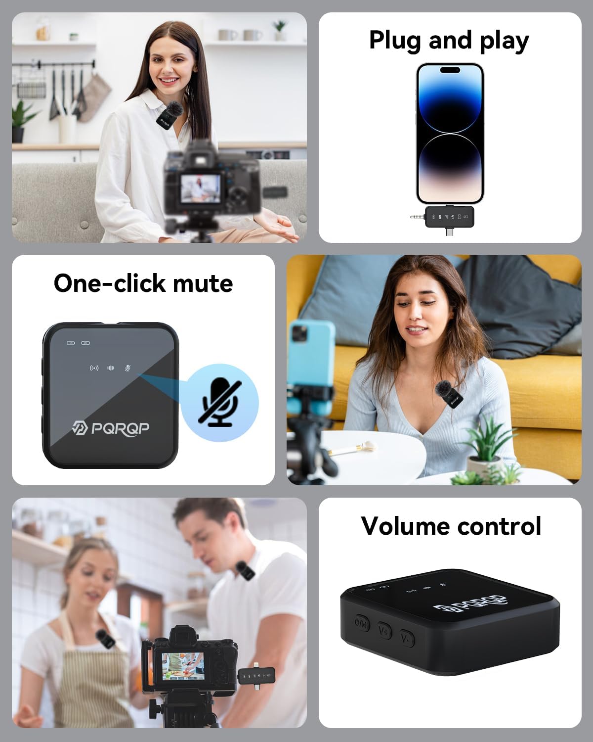 PQRQP 3 in 1 Microphone for iPhone/Android/Camera, Wireless Microphones, 328ft Transmission, 18H Battery Life, Mini Microphone for Record Interview