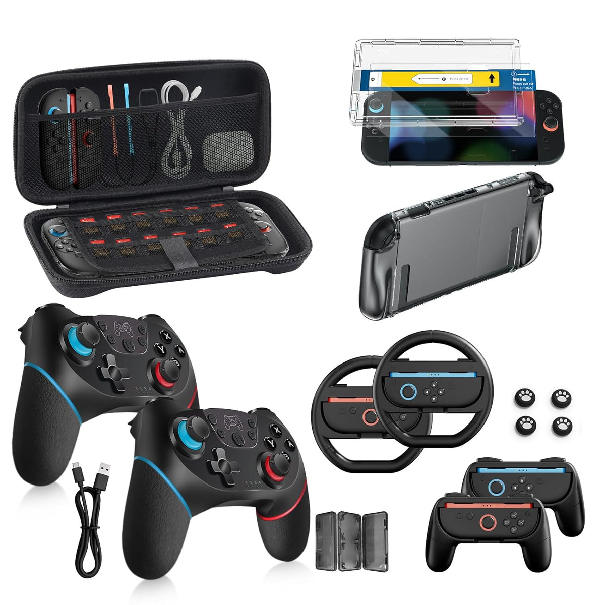 Pro Controllers Accessories Bundle for Nintendo Switch 2 18-in-1, Carrying Case, Screen Protector, Thumb Grip for Joycon