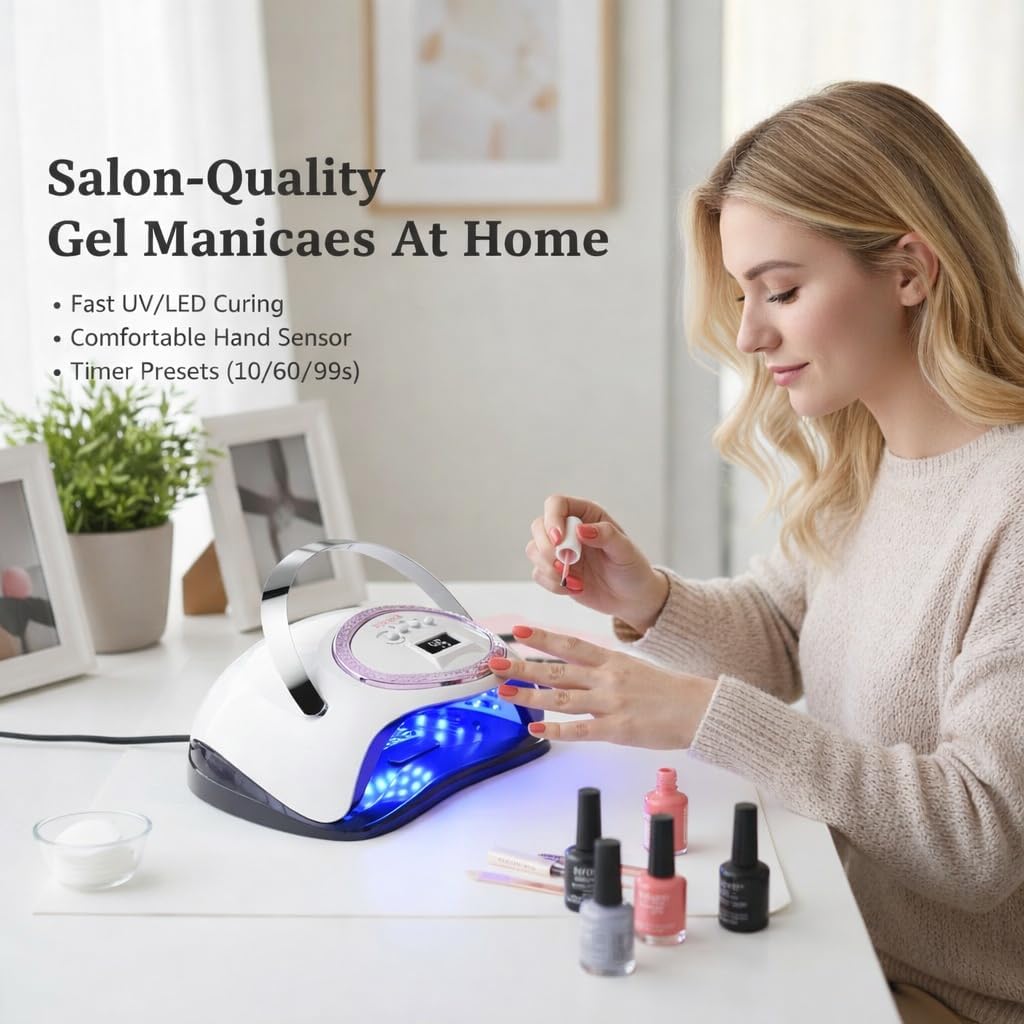 Professional UV LED Nail Lamp, 66 LEDs Nail Dryer with Smart Sensor, Digital Display & 4 Timers, Fast Curing for Gel Polish, Rhinestone Glue