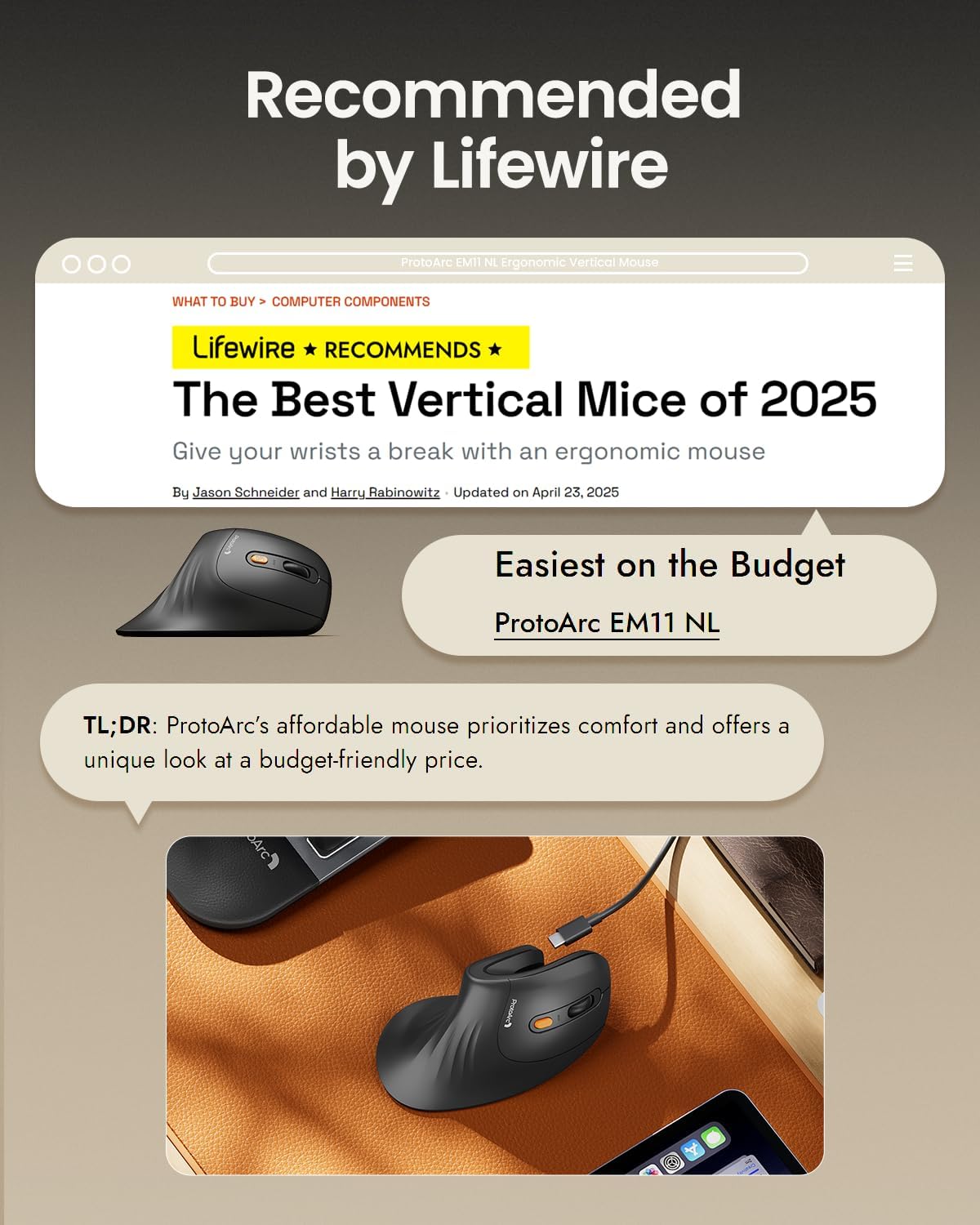 ProtoArc Ergonomic Mouse, EM11 NL Bluetooth Rechargeable Wireless Vertical Mouse, 3 Multi-Device Connectivity for Computer/PC/Laptop (Black)