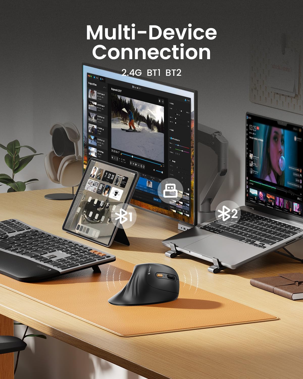 ProtoArc Ergonomic Mouse, EM11 NL Bluetooth Rechargeable Wireless Vertical Mouse, 3 Multi-Device Connectivity for Computer/PC/Laptop (Black)