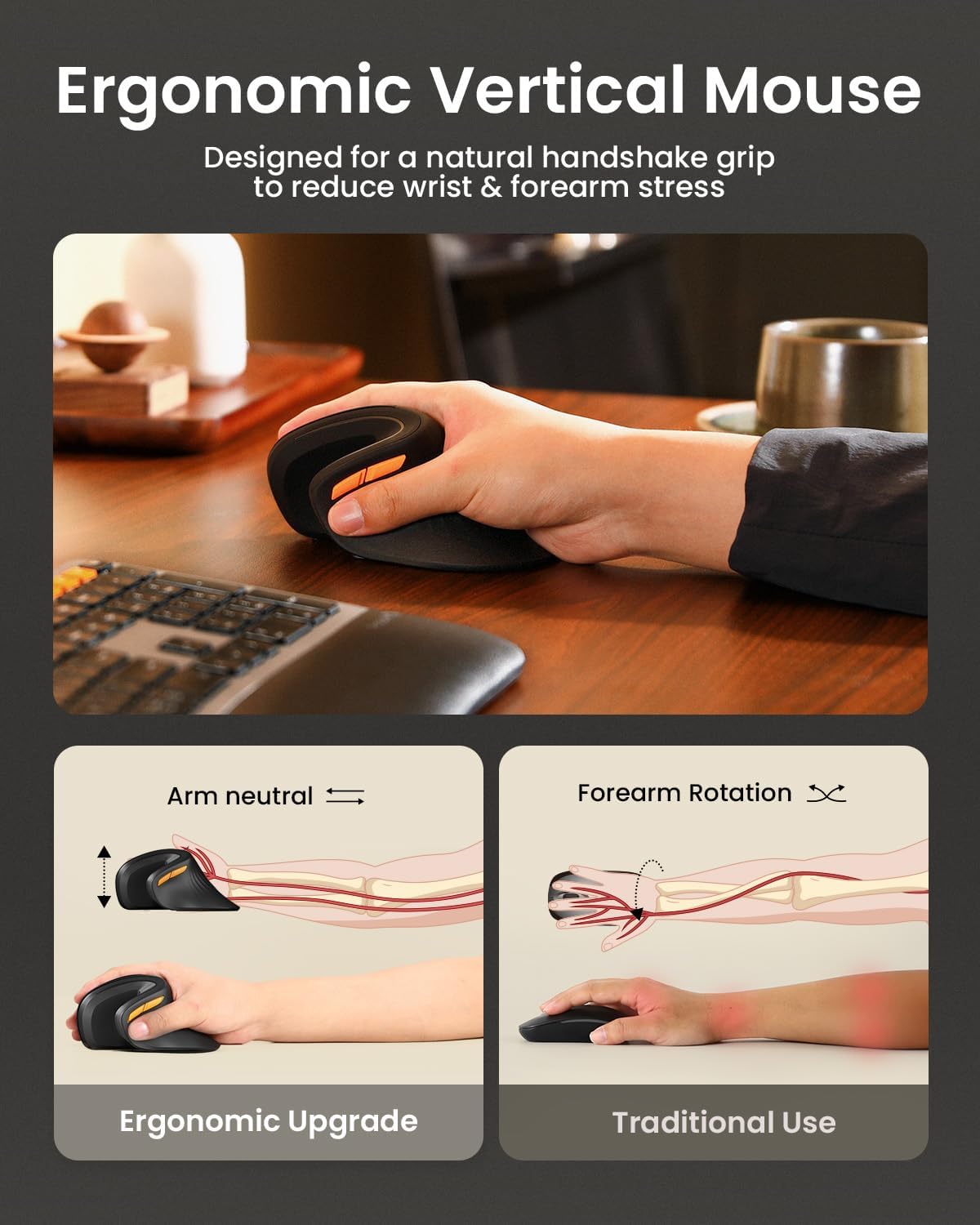 ProtoArc Ergonomic Mouse, EM11 NL Bluetooth Rechargeable Wireless Vertical Mouse, 3 Multi-Device Connectivity for Computer/PC/Laptop (Black)