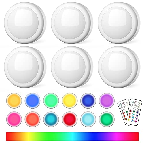 Puck Lights with Remote Control, Battery Operated LED Push Light Wireless, 13 Color RGB - for Closet, Bedroom Wall, Under Cabinet (6 Pack)