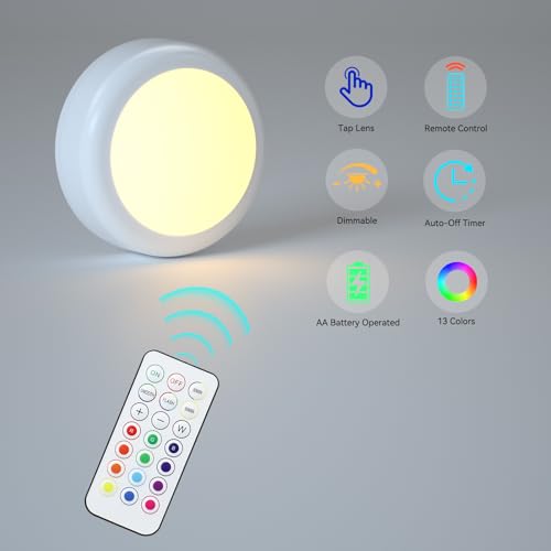 Puck Lights with Remote Control, Battery Operated LED Push Light Wireless, 13 Color RGB - for Closet, Bedroom Wall, Under Cabinet (6 Pack)