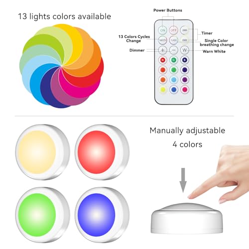 Puck Lights with Remote Control, Battery Operated LED Push Light Wireless, 13 Color RGB - for Closet, Bedroom Wall, Under Cabinet (6 Pack)