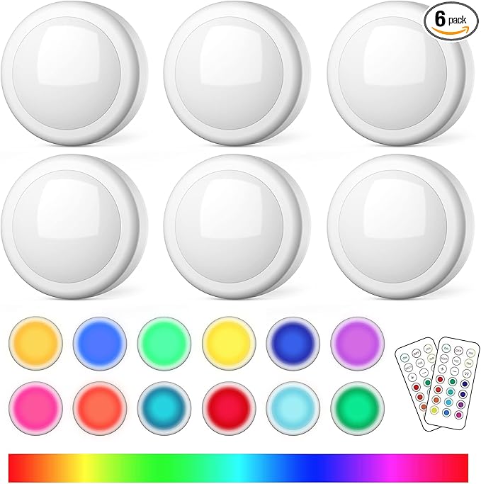 Puck Lights with Remote Control, Battery Operated LED Push Light Wireless, 13 Color RGB - for Closet, Bedroom Wall, Under Cabinet (6 Pack)