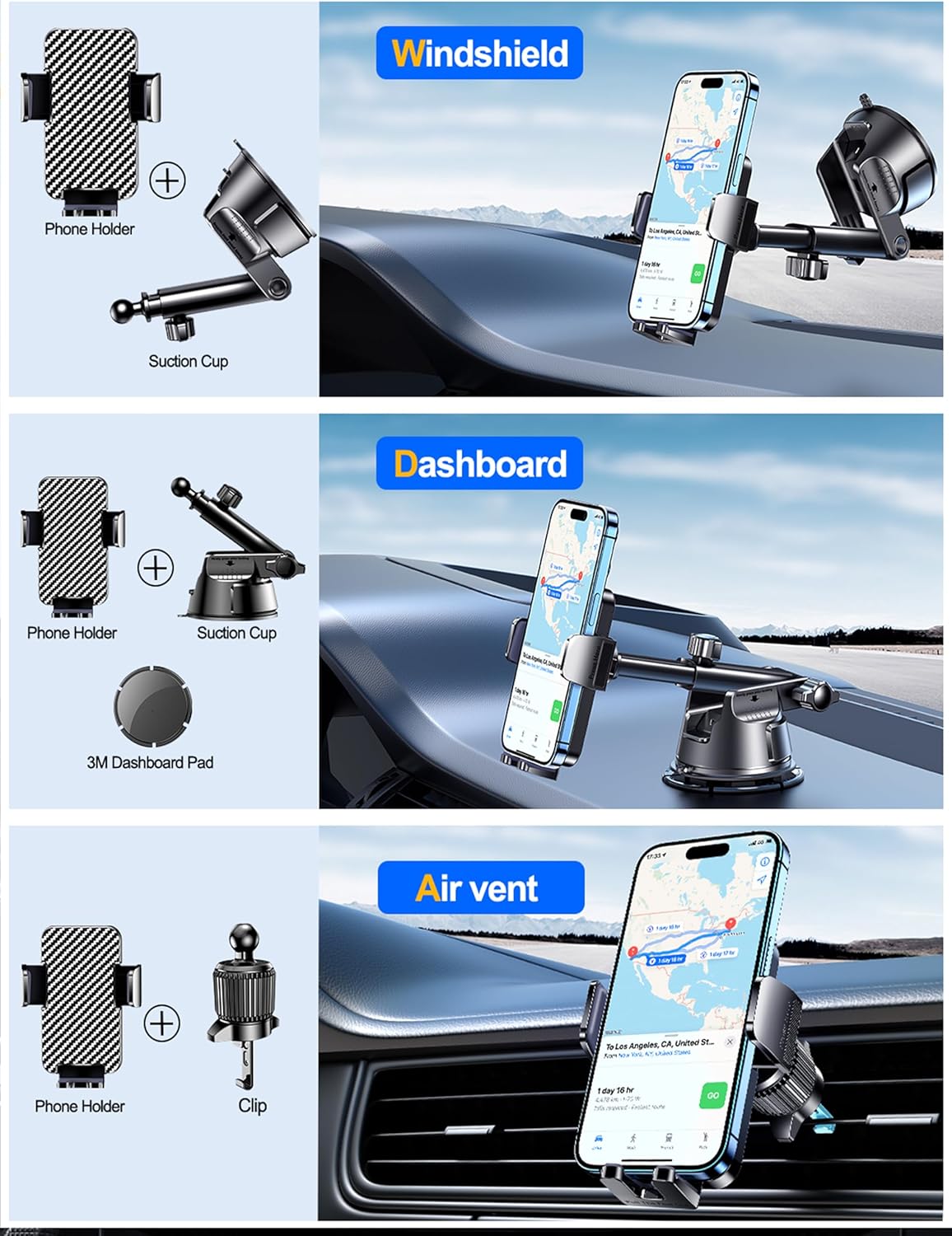 Qifutan Dash Mounted Holders Phone Holders for Your Car Phone Mount for Car Windshield Dashboard Air Vent Universal Desk Mounts Hands Free Automobile