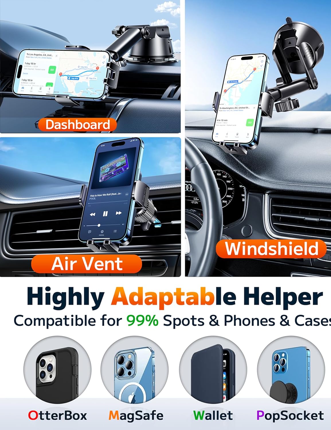 Qifutan Dash Mounted Holders Phone Holders for Your Car Phone Mount for Car Windshield Dashboard Air Vent Universal Desk Mounts Hands Free Automobile