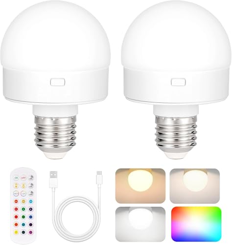Rechargeable Battery Operated Light Bulb with Remote Control 2 Packs, 350LM Dimmable Detachable LED Bulb with 15 Colors Selectable & 3 Timer