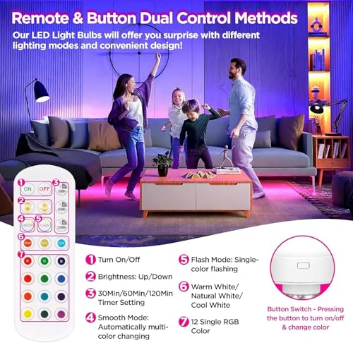 Rechargeable Battery Operated Light Bulb with Remote Control 2 Packs, 350LM Dimmable Detachable LED Bulb with 15 Colors Selectable & 3 Timer