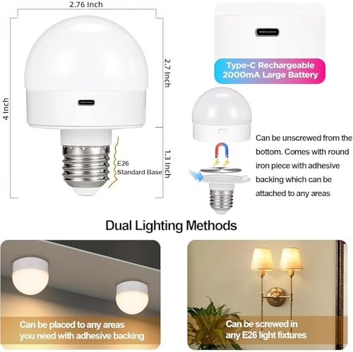 Rechargeable Battery Operated Light Bulb with Remote Control 2 Packs, 350LM Dimmable Detachable LED Bulb with 15 Colors Selectable & 3 Timer