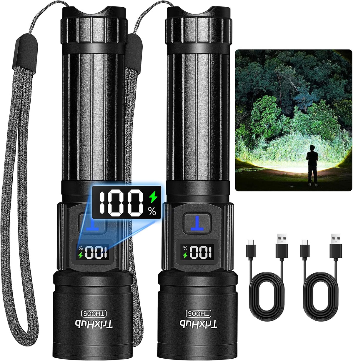 Rechargeable Flashlights 2 Pack, Super Bright High Lumens Flash Light, 5 Modes Zoomable Linternas with LCD Digital Display