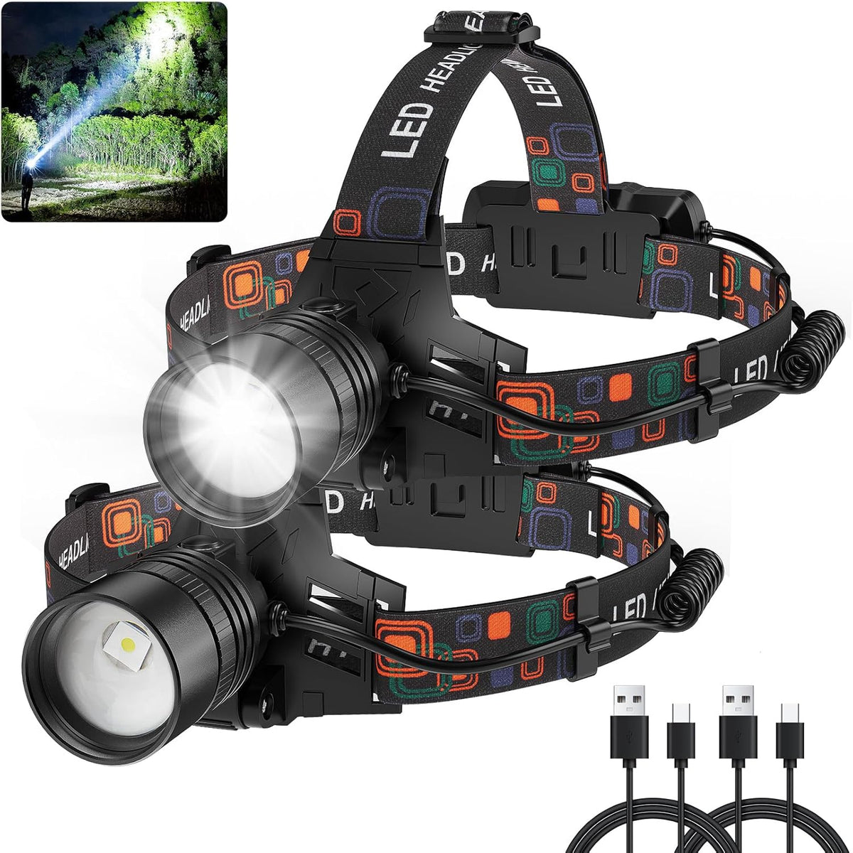 Rechargeable Headlamp 2Pack, 99000 Lumens Super Bright LED Head Lamp with 3 Modes, 90° Adjustable Head Lights for Forehead