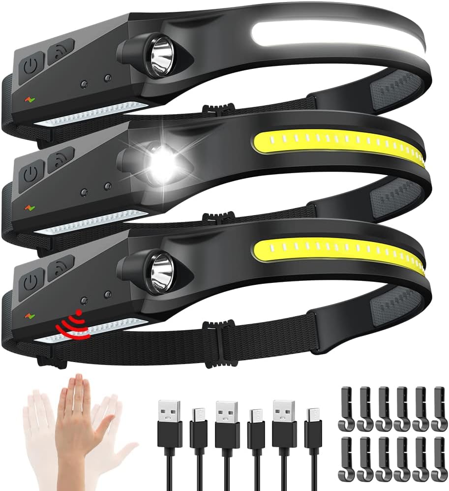Rechargeable Headlamp 3PCS, 230° Wide Beam Head Lamp, Motion Sensor LED Headlamp Rechargeable, 5Mode Bright Headlamps for Adults