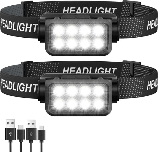Rechargeable Headlamp Flashlight 2-Pack, 8 LED 2500 Lumen Ultra-Light Bright Headlight, Waterproof Lightweight Head Lamp for Adult Kid