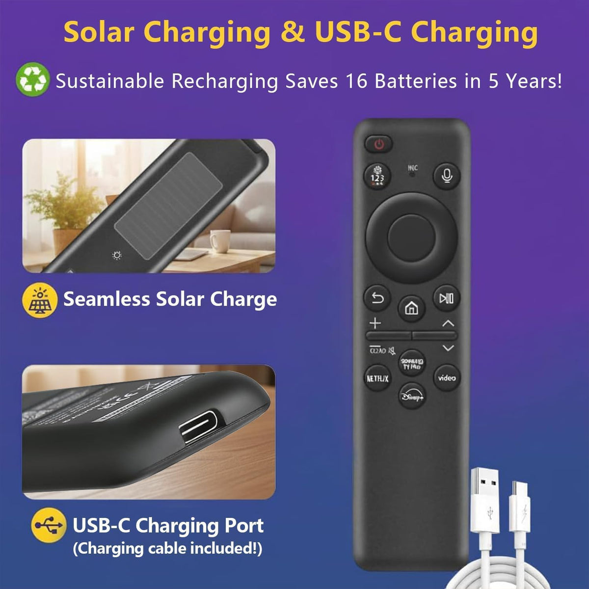 Rechargeable Voice Remote for Samsung Smart TVs, Replacement for 2019–2025 Samsung TV Remote Control with Solar Charging