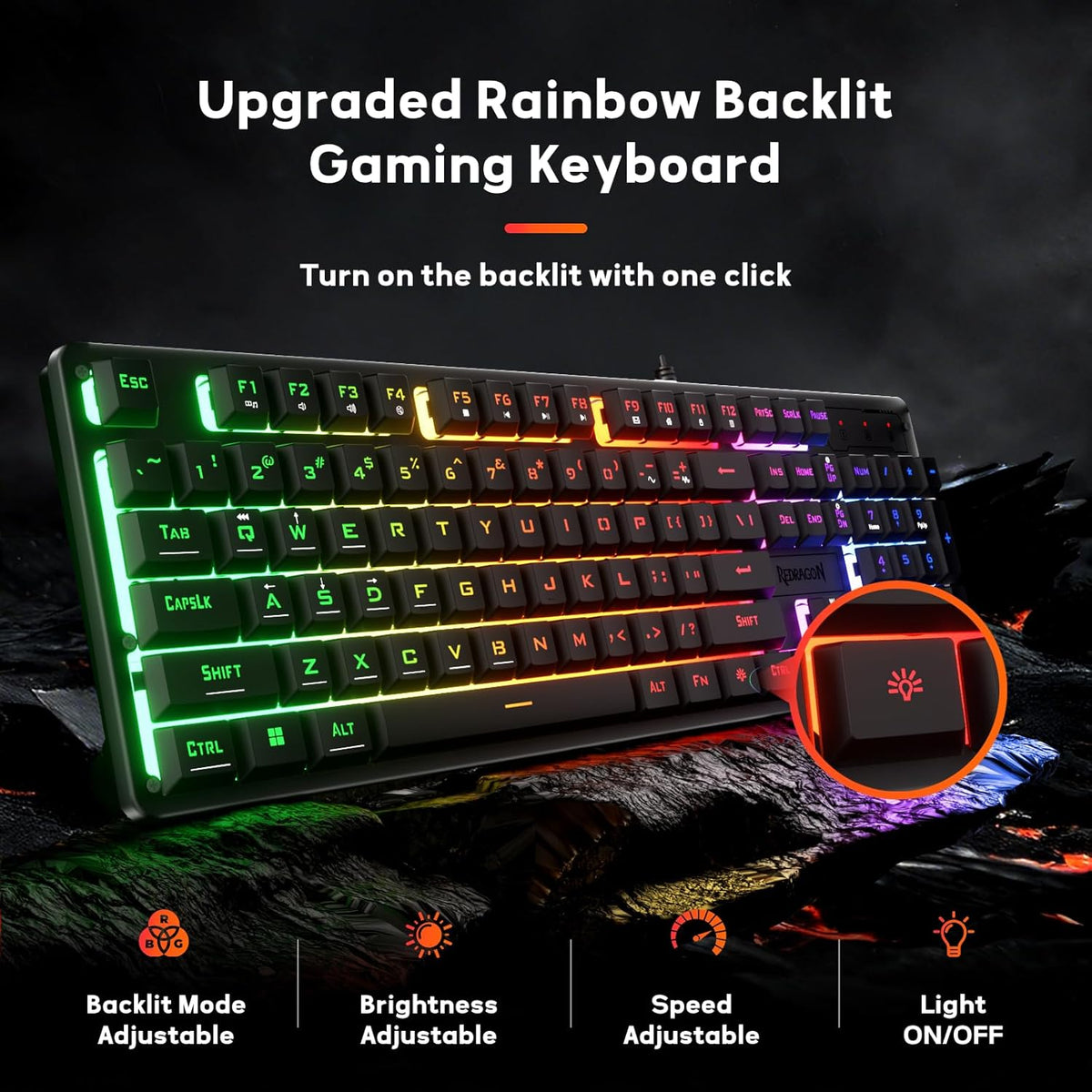 Redragon K521 Upgrade Rainbow LED Gaming Keyboard, 104 Keys Wired Mechanical Feeling Keyboard with Multimedia Keys, One-Touch Backlit, Anti-Ghosting
