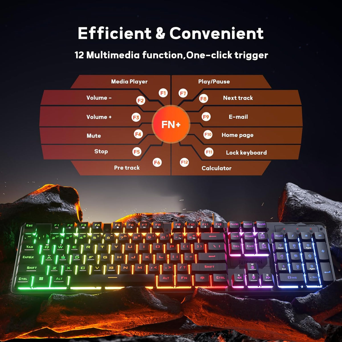 Redragon K521 Upgrade Rainbow LED Gaming Keyboard, 104 Keys Wired Mechanical Feeling Keyboard with Multimedia Keys, One-Touch Backlit, Anti-Ghosting