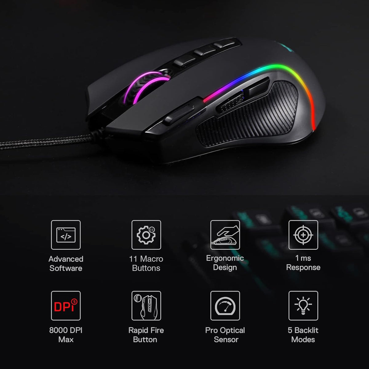Redragon M612 Predator RGB Gaming Mouse, 8000 DPI Wired Optical Mouse with 11 Programmable Buttons & 5 Backlit Modes