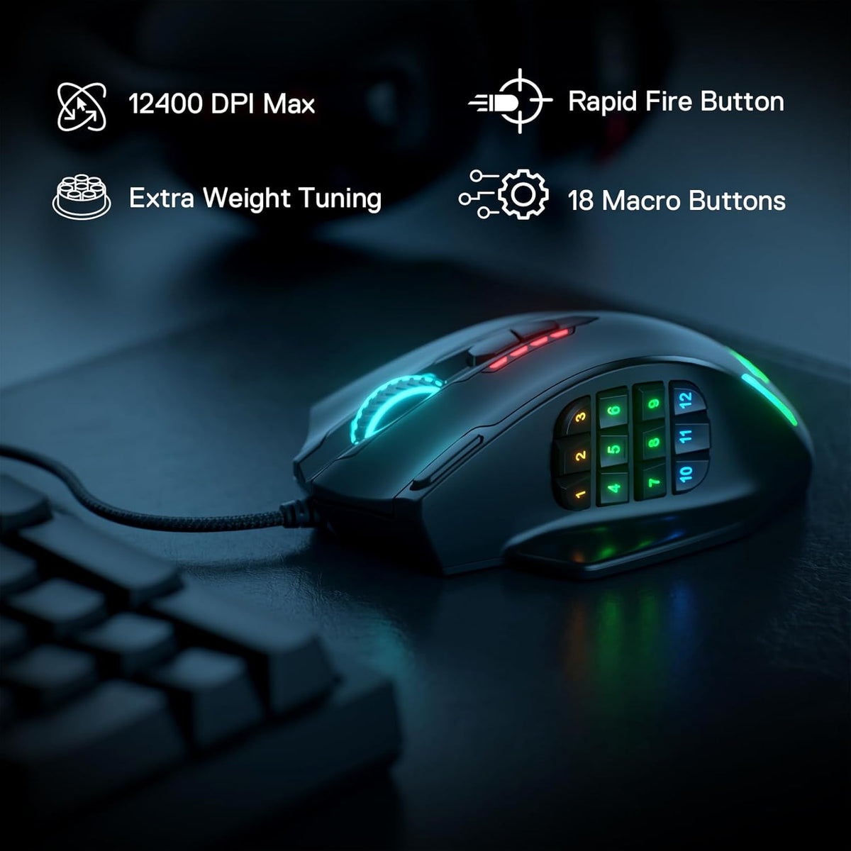Redragon M908 Impact RGB LED MMO Gaming Mouse with 12 Side Buttons, Optical Wired Ergonomic Mouse with Max 12,400DPI, High Precision