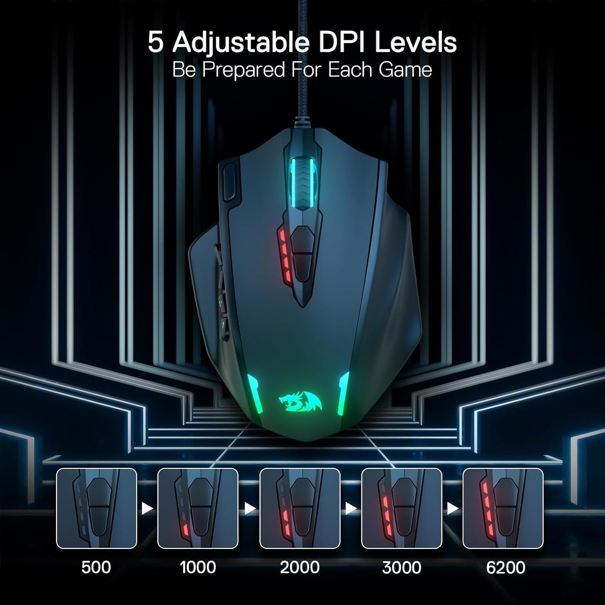 Redragon M908 Impact RGB LED MMO Gaming Mouse with 12 Side Buttons, Optical Wired Ergonomic Mouse with Max 12,400DPI, High Precision